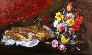 Giuseppe Recco A Still Life of Roses, Carnations, Tulips and other Flowers in a glass Vase, with Pastries and Sweetmeats on a pewter Platter and earthenware Pots, on oil painting